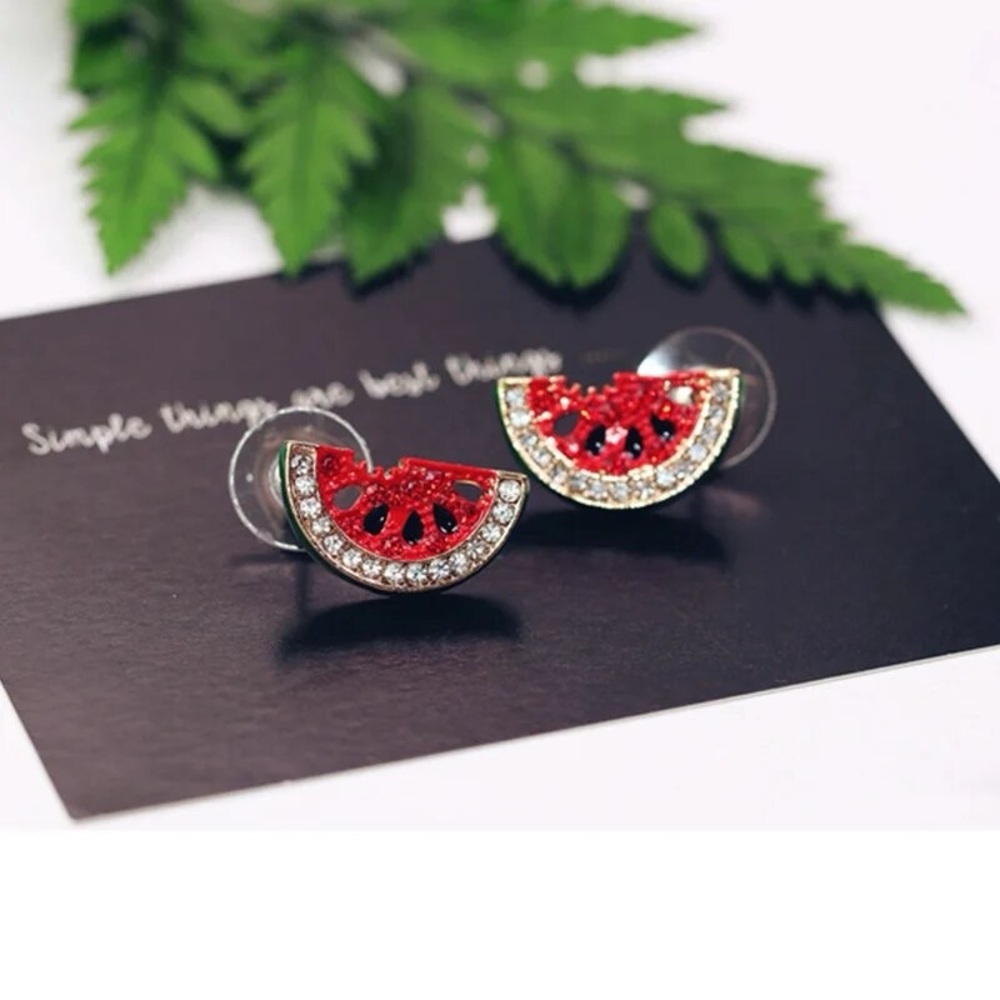Red Watermelon Slice Crystal Stud Earrings - Women Jewelry